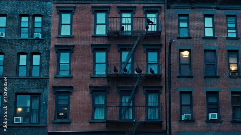 Birds perched on fire escape of brick city building at dusk. Birds perched on fire escape of brick city building at dusk.
