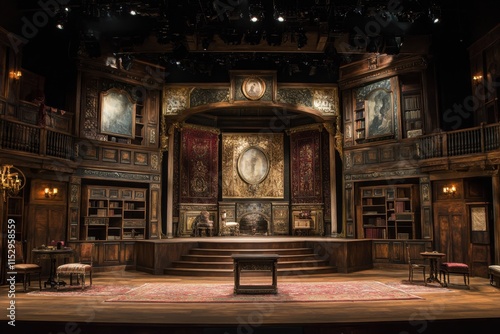 Dramatic shakespearean play stage design theatrical venue set decoration artistic environment captivating viewpoint enchanting concept