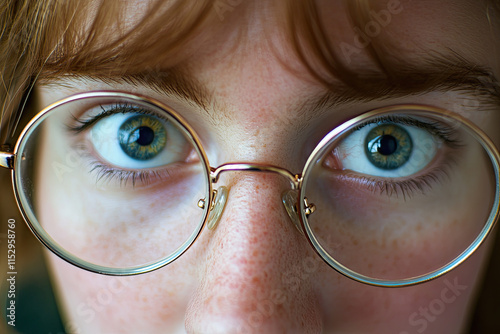 Woman looking through glasses, closeup, vision improvement photo