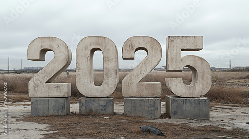 Large light gray stone numbers 2025 on concrete bases