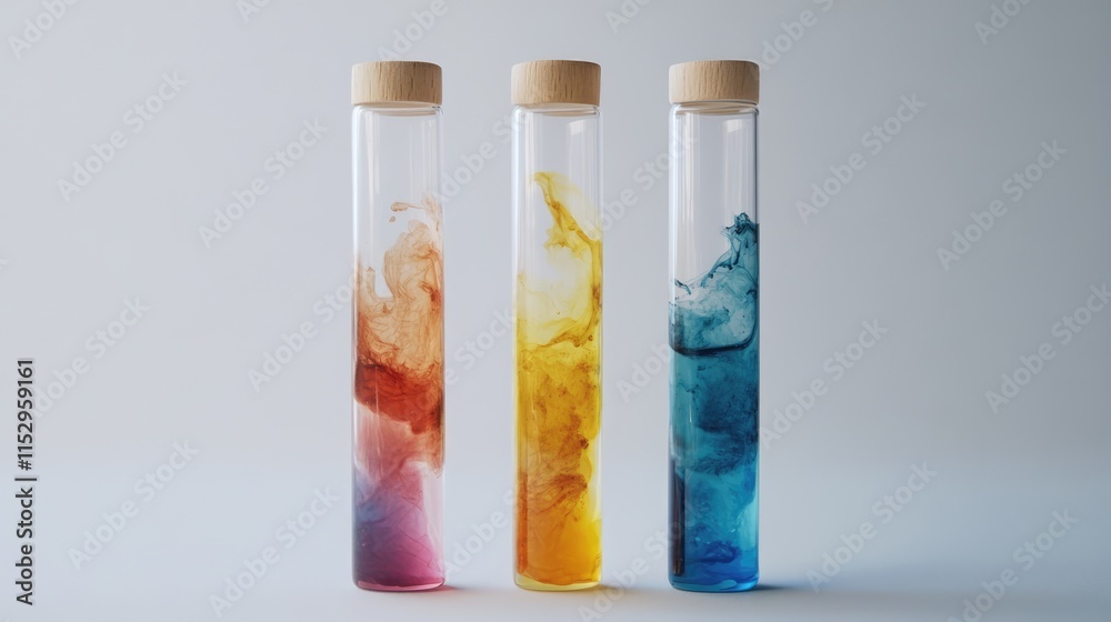 Colorful test tubes displaying liquid samples with swirls of vibrant colors on a neutral background for laboratory or scientific themes. Colorful test tubes displaying liquid samples with swirls of vibrant colors on a neutral background for laboratory or scientific themes.