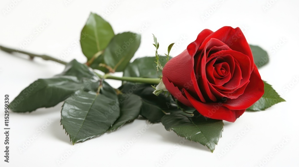 Naklejka premium Elegant single red rose lying on green leaves against a clean white background symbolizing love and beauty in floral arrangements