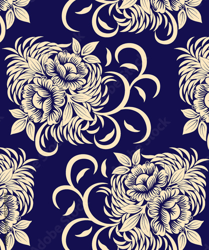 Beautiful floral pattern in vintage folk style. Hand-drawn flowers, leaves, berries on a dark background. Creative botanical backdrop for prints, wallpapers, fabrics