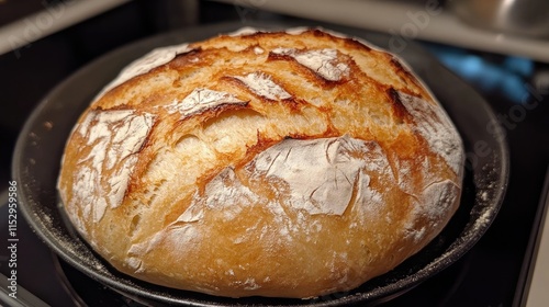 Artisan Leavened Rustic Bread Freshly Baked with Crispy Crust and Golden Perfection on Baking Pan