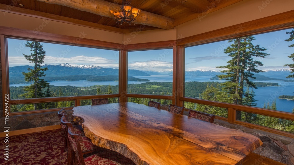 Fototapeta premium Panoramic Lake View Dining Room with Live Edge Table