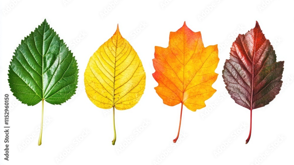 Colorful leaves showcasing seasonal changes from green to yellow, orange, and red against a white background. Colorful leaves showcasing seasonal changes from green to yellow, orange, and red against a white background.
