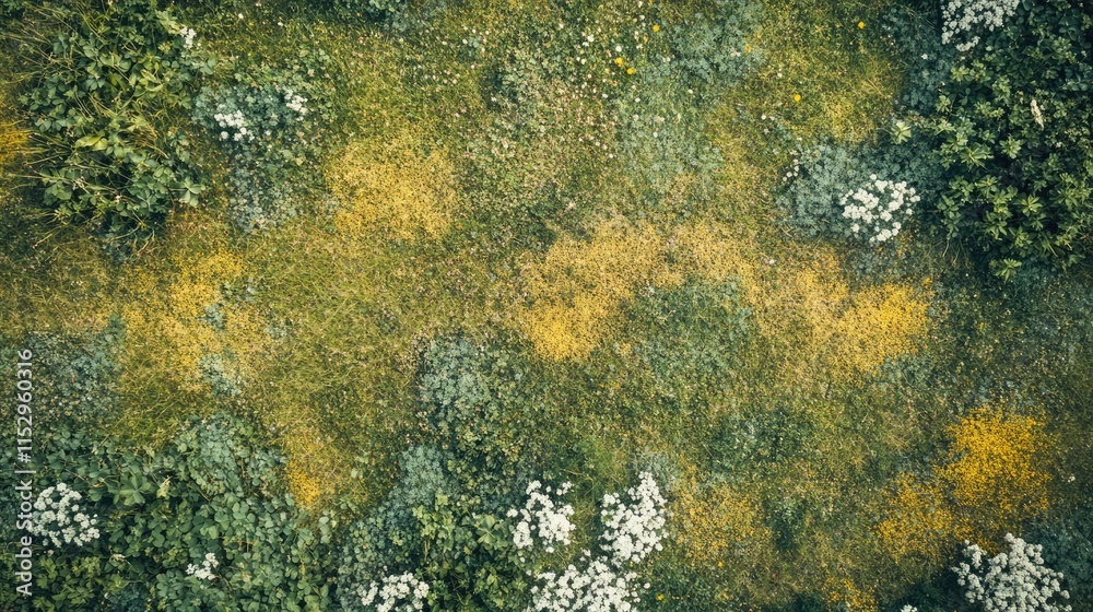 Aerial view of lush fields and meadows showcasing diverse greenery and wildflowers in a serene landscape captured by drone photography Aerial view of lush fields and meadows showcasing diverse greenery and wildflowers in a serene landscape captured by drone photography