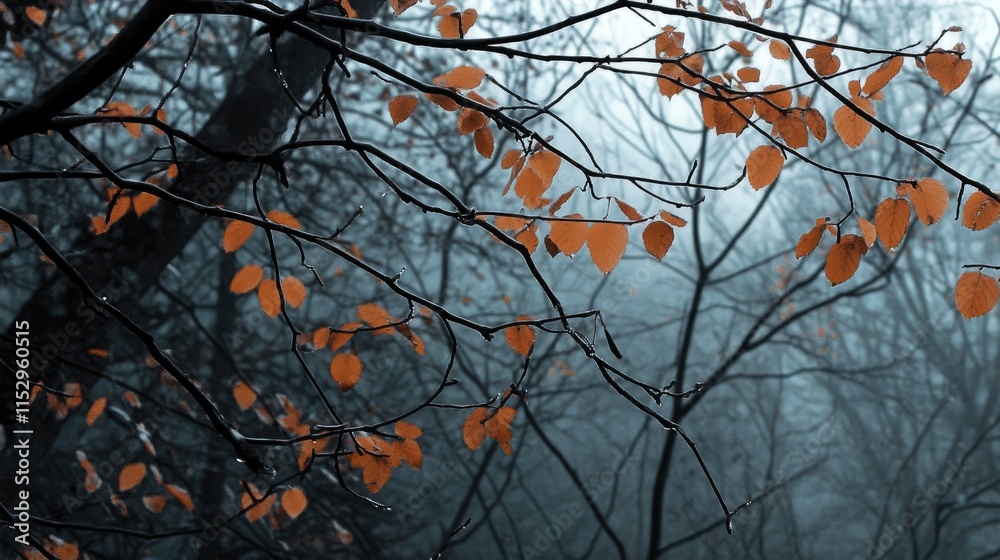 Misty Forest Scene with Bare Branches and Autumn Leaves on a Foggy Day Misty Forest Scene with Bare Branches and Autumn Leaves on a Foggy Day