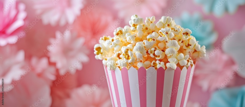 Festive popcorn bag with It's a Girl banner against colorful paper flower backdrop for celebration party in wide horizontal layout Festive popcorn bag with It's a Girl banner against colorful paper flower backdrop for celebration party in wide horizontal layout