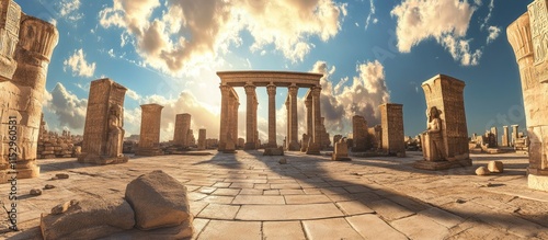 Panoramic view of the Ramesseum Temple showcasing ancient architecture under a dramatic sky with pillars and scattered ruins in foreground photo