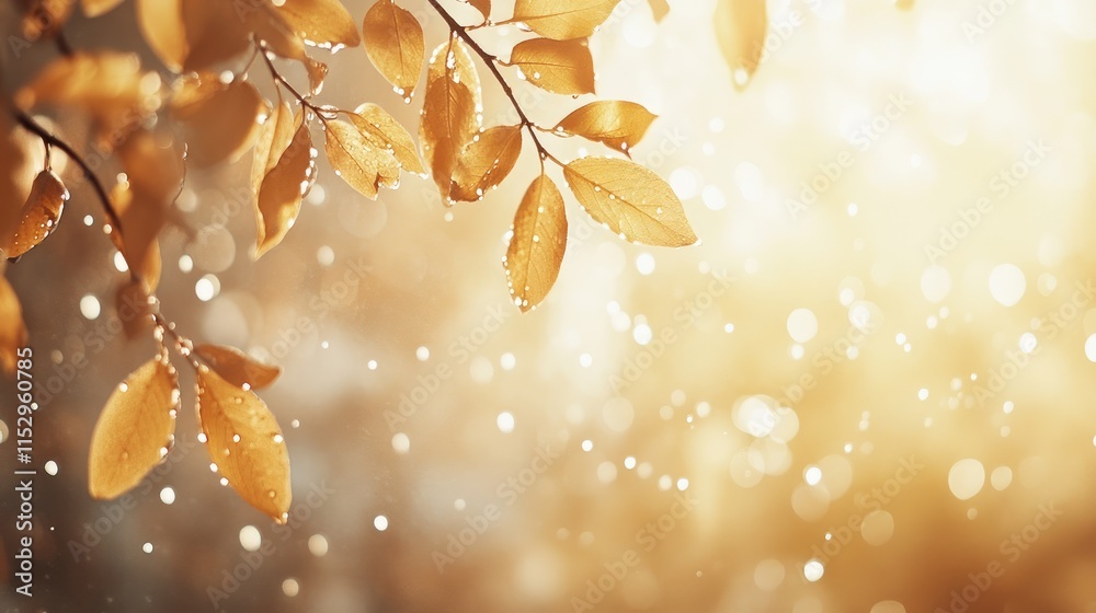 Golden leaves with water droplets in a blurred background creating a serene nature wallpaper perfect for calming design projects. Golden leaves with water droplets in a blurred background creating a serene nature wallpaper perfect for calming design projects.