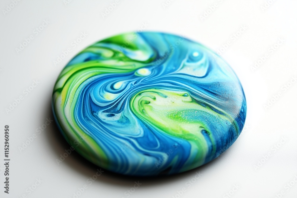 A button with a marbled design in shades of blue and green placed on a white background.