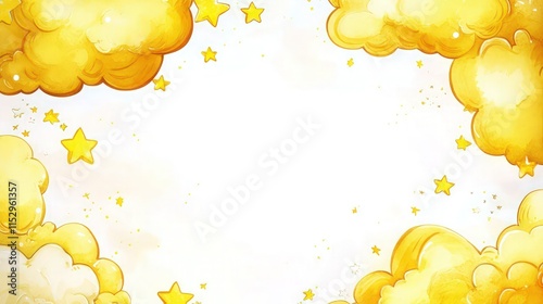 Watercolor yellow clouds and stars frame the background, in a cute cartoon style. In the middle of the page is white space on the edges, high resolution, no text.