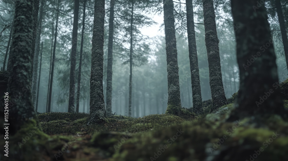 Fototapeta premium Misty forest floor perspective showcasing tall trees and the serene sky in a tranquil natural environment