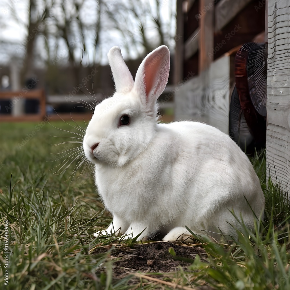 Fototapeta premium white rabbit near the fence