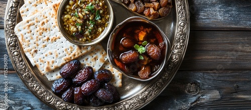 Passover charoset served with matzo and dates on a decorative platter traditional Jewish holiday food presentation photo