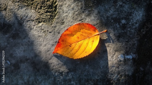 Autumn leaf on textured ground illuminated by sunlight showcasing natural beauty and seasonal change