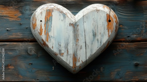 Vintage white wooden heart decor on rustic dark wood background for home inspiration and cozy ambiance. photo