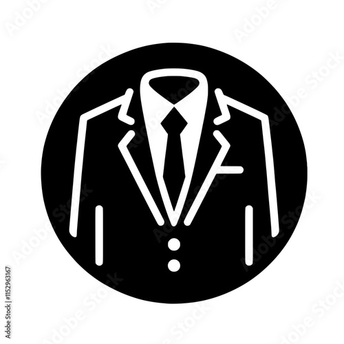 Business Suit Icon: A sleek and stylish black and white icon depicting a classic business suit with a tie, symbolizing professionalism, formality, and corporate attire.  