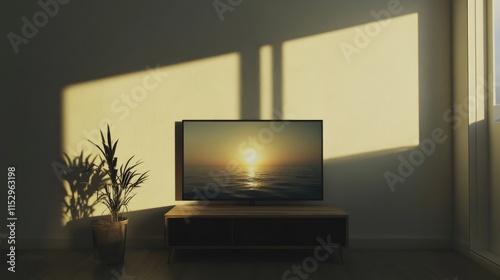 Modern minimalistic living space featuring a LED TV on a sleek stand with decorative sunlight shadows and a simple plant accentuating the room. photo