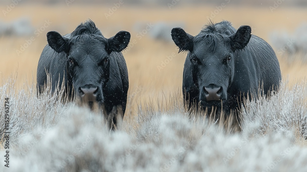 Two black cows peering from tall grass in a field. Two black cows peering from tall grass in a field.