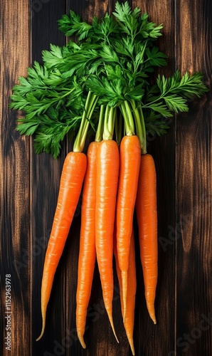 Fresh organic carrots with parsley on rustic wooden background.