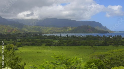 Footage of Hanalei Valley in Kauai Hawaii on a sunny day, showcasing lush tropical greenery, rugged mountains, and the ocean glistening in the distance photo