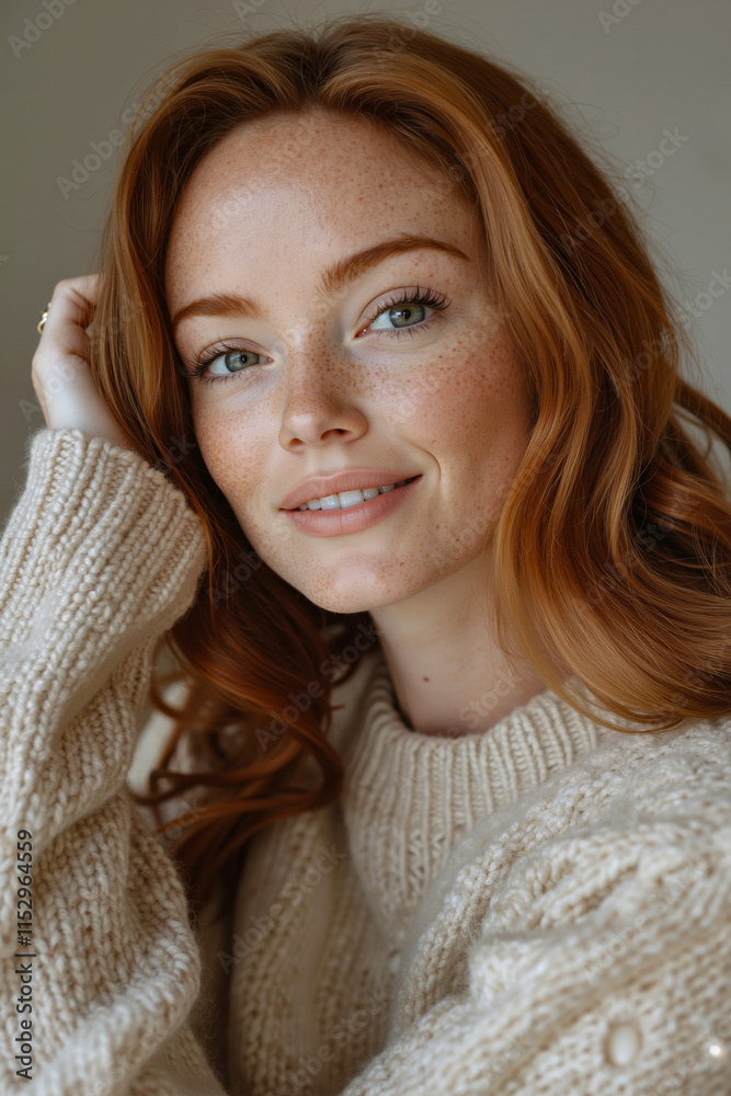A woman with red hair wearing a white sweater A woman with red hair wearing a white sweater