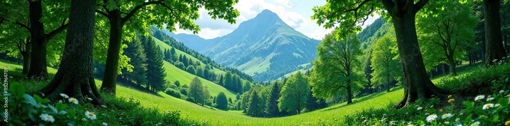 Fototapeta premium Lush green forest with trees stretching towards the mountain, scenery, forest, nature