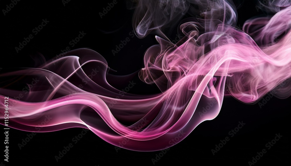 Obraz premium 黒い背景に優雅に漂う淡いピンク色の煙が花のように広がり、ロマンチックで夢幻的な印象を与えるシーン