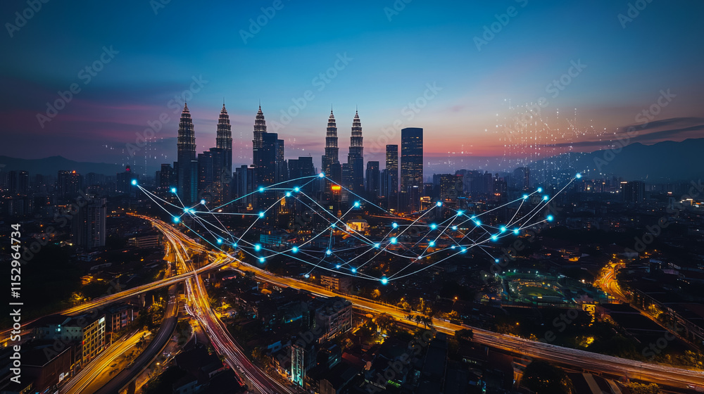 Obraz premium Abstract businesswoman stands on the peak of success Smart digital city with connection cyber security network reciprocity over the cityscape future wireless digital city and social media networking