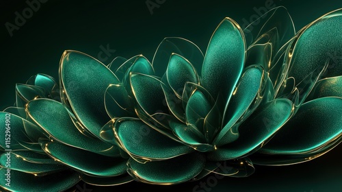 An abstract composition of blooming petal-like shapes rendered in deep emerald greens and shimmering aquamarine tones. 