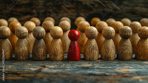 Concept of the bystander effect. Wooden figurines with a red figurine in the middle.