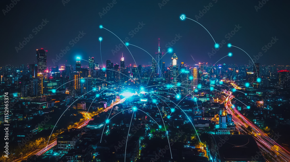 Fototapeta premium Abstract businesswoman stands on the peak of success Smart digital city with connection cyber security network reciprocity over the cityscape future wireless digital city and social media networking