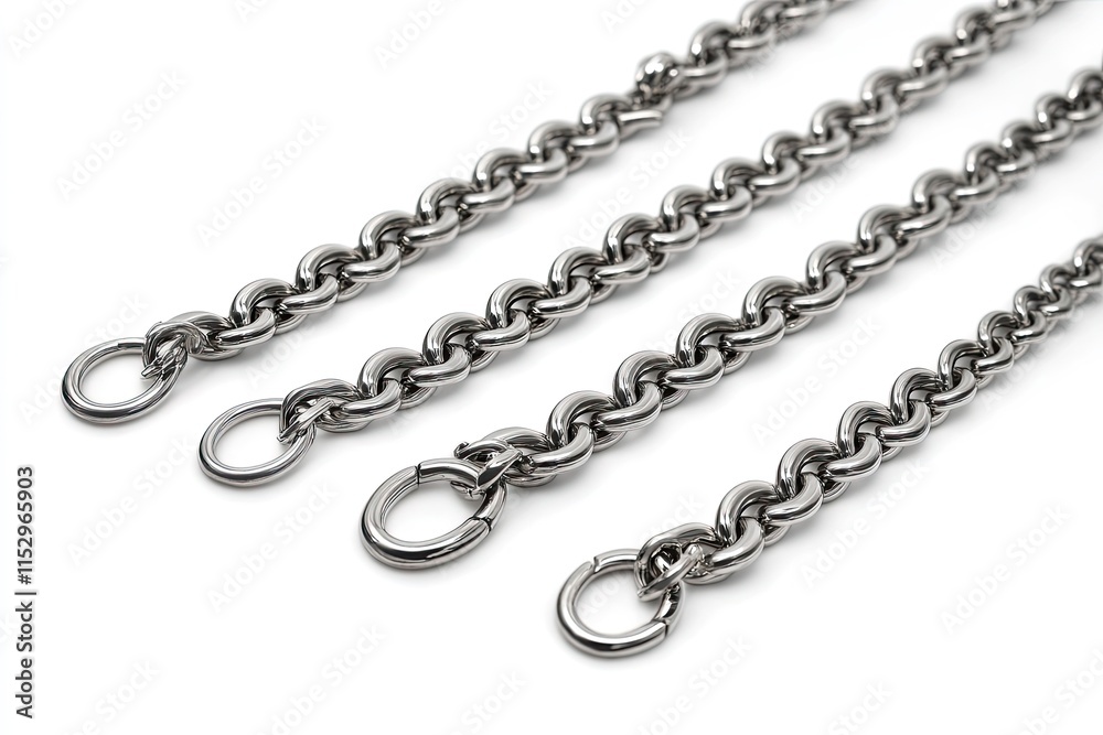different sizes of stainless chains isolated on white background, can be connected infinitely each. different sizes of stainless chains isolated on white background, can be connected infinitely each.