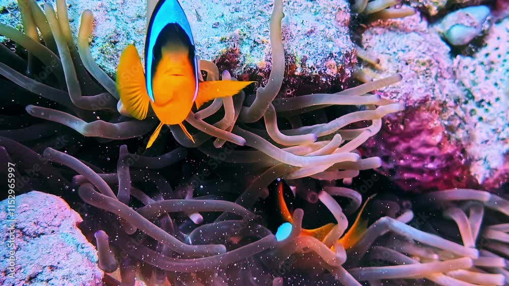 Closeup underwater diving POV yellow blue Nemo fish around coral tentacles, marine habitat, underwater house