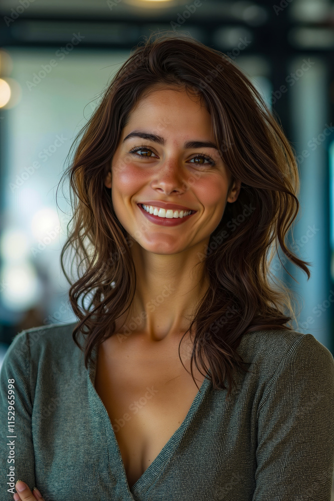 Fototapeta premium A woman with long brown hair smiling at the camera