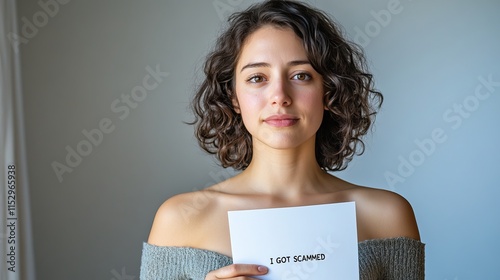 A young woman with curly hair holds a sign reading 'I GOT SCAMMED', expressing a mix of vulnerability and resilience against online fraud. scammed person photo