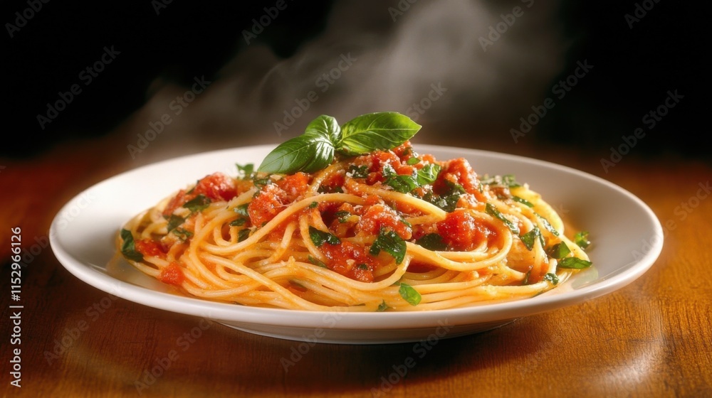 Fototapeta premium Delicious steamed spaghetti with tomato sauce italian cuisine food photography cozy restaurant setting close-up view