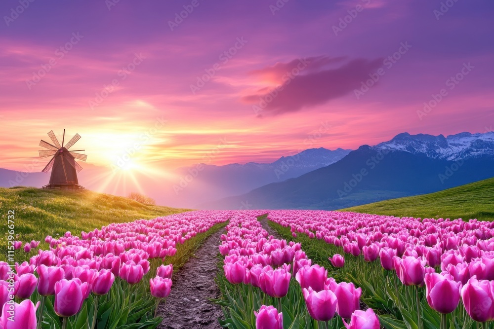 Obraz premium Traditional windmill in tulip field at sunrise nature landscape photography scenic viewpoint