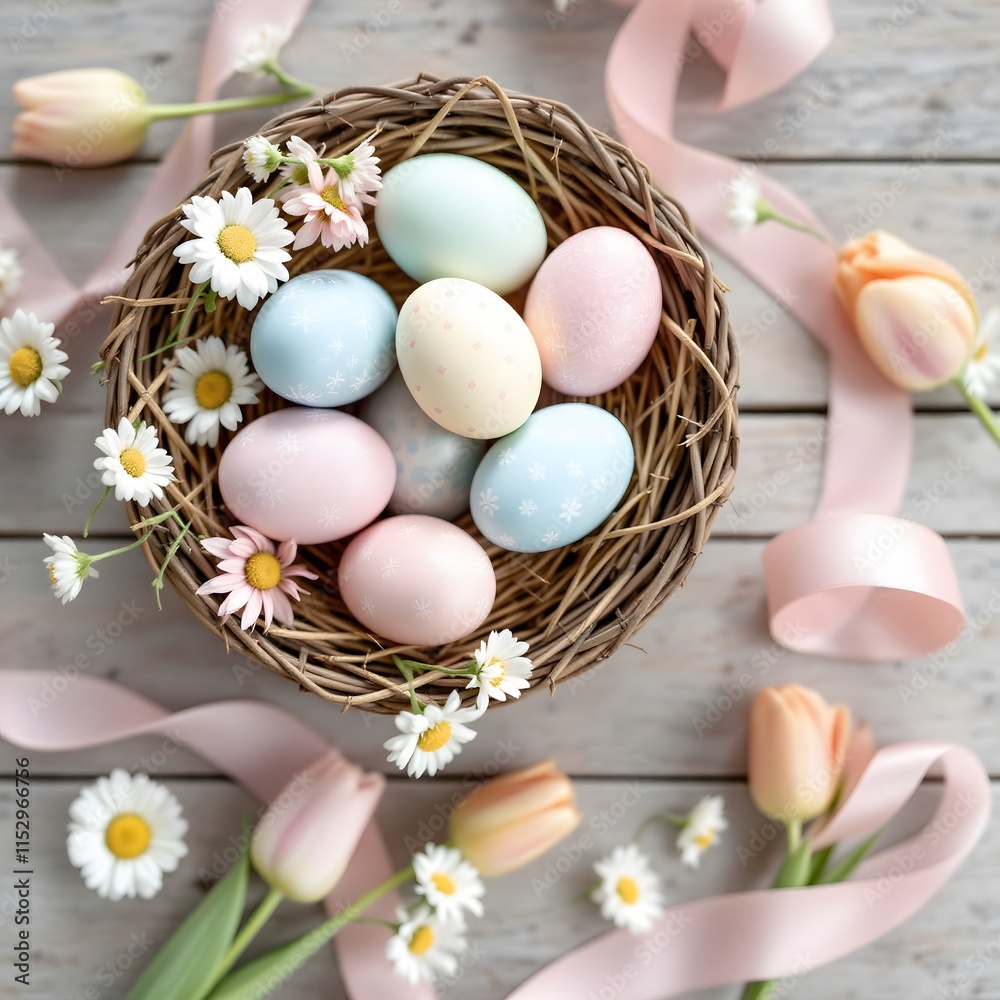 Pastel Easter eggs in nest with daisies and ribbons on wooden background Pastel Easter eggs in nest with daisies and ribbons on wooden background