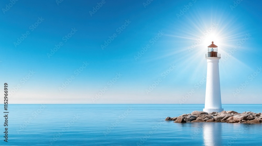 Majestic lighthouse illuminates rocky shoreline coastal waters photography serene environment wide angle view Majestic lighthouse illuminates rocky shoreline coastal waters photography serene environment wide angle view