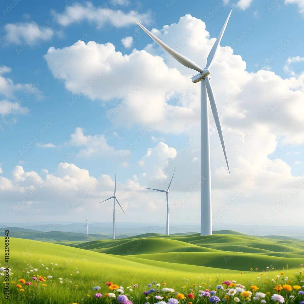 Windmills on Rolling Green Hills Under a Blue Sky with White Clouds Windmills on Rolling Green Hills Under a Blue Sky with White Clouds