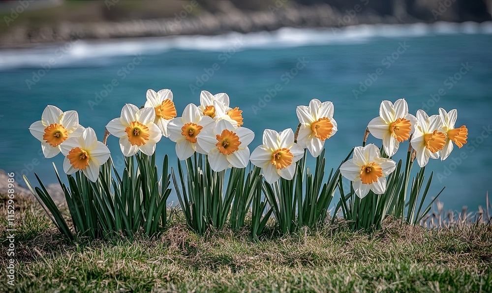Fototapeta premium Row of white and orange daffodils blooming near a wavy ocean.