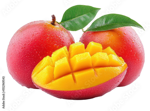 juicy mango with cut piece on white background photo