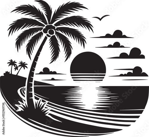 Silhouette of black tropical beach at sunset with a palm tree silhouette