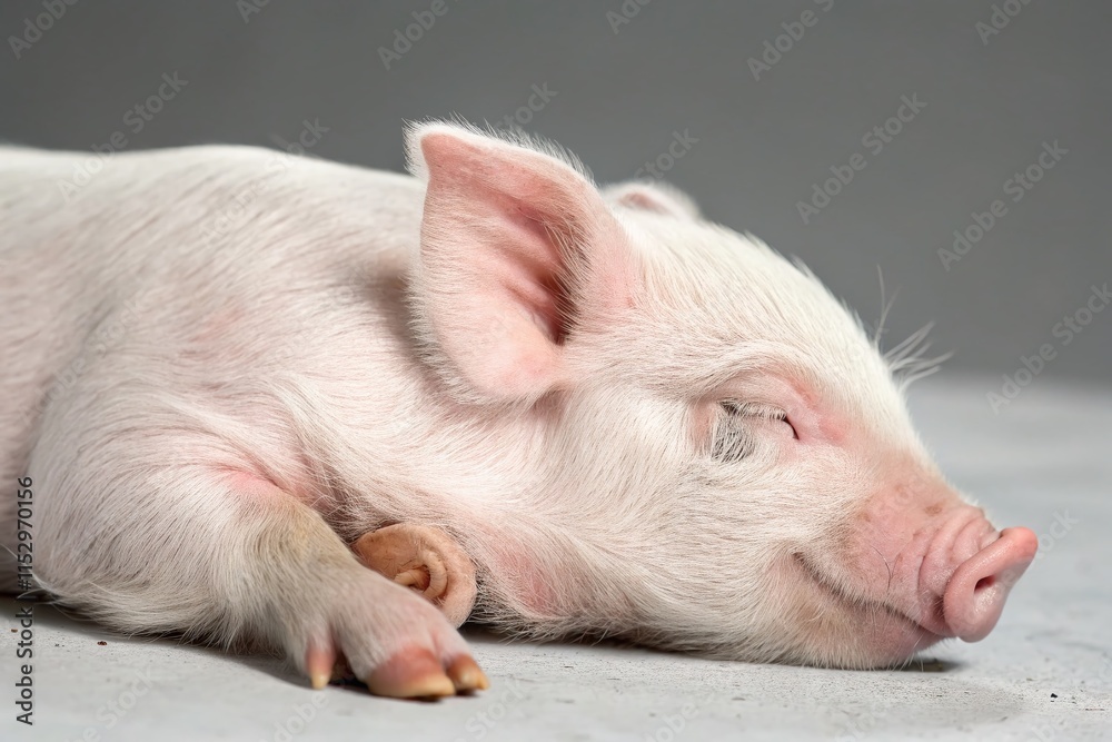 Adorable Baby Piglet Sleeping, Gray Background Stock Photo Adorable Baby Piglet Sleeping, Gray Background Stock Photo
