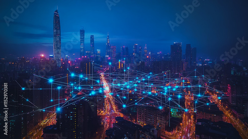 Wallpaper Mural Smart digital city with connection cyber security network reciprocity over the cityscape . future smart wireless digital city and social media networking systems that connects people within the city Torontodigital.ca