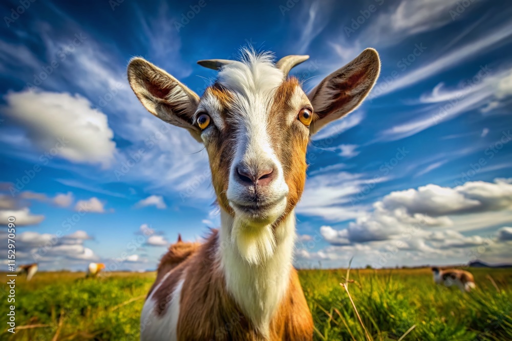 Adorable Brown Head White Fur Goat Kid Long Ears Farm Animal Blue Sky Background Candid Photo Adorable Brown Head White Fur Goat Kid Long Ears Farm Animal Blue Sky Background Candid Photo
