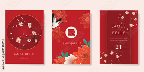 Red Chinese wedding card vector set. Luxury invitation card design with crane bird, flower, leaf branch. Illustration for vip cover, poster, rsvp modern card, Chinese New Year.